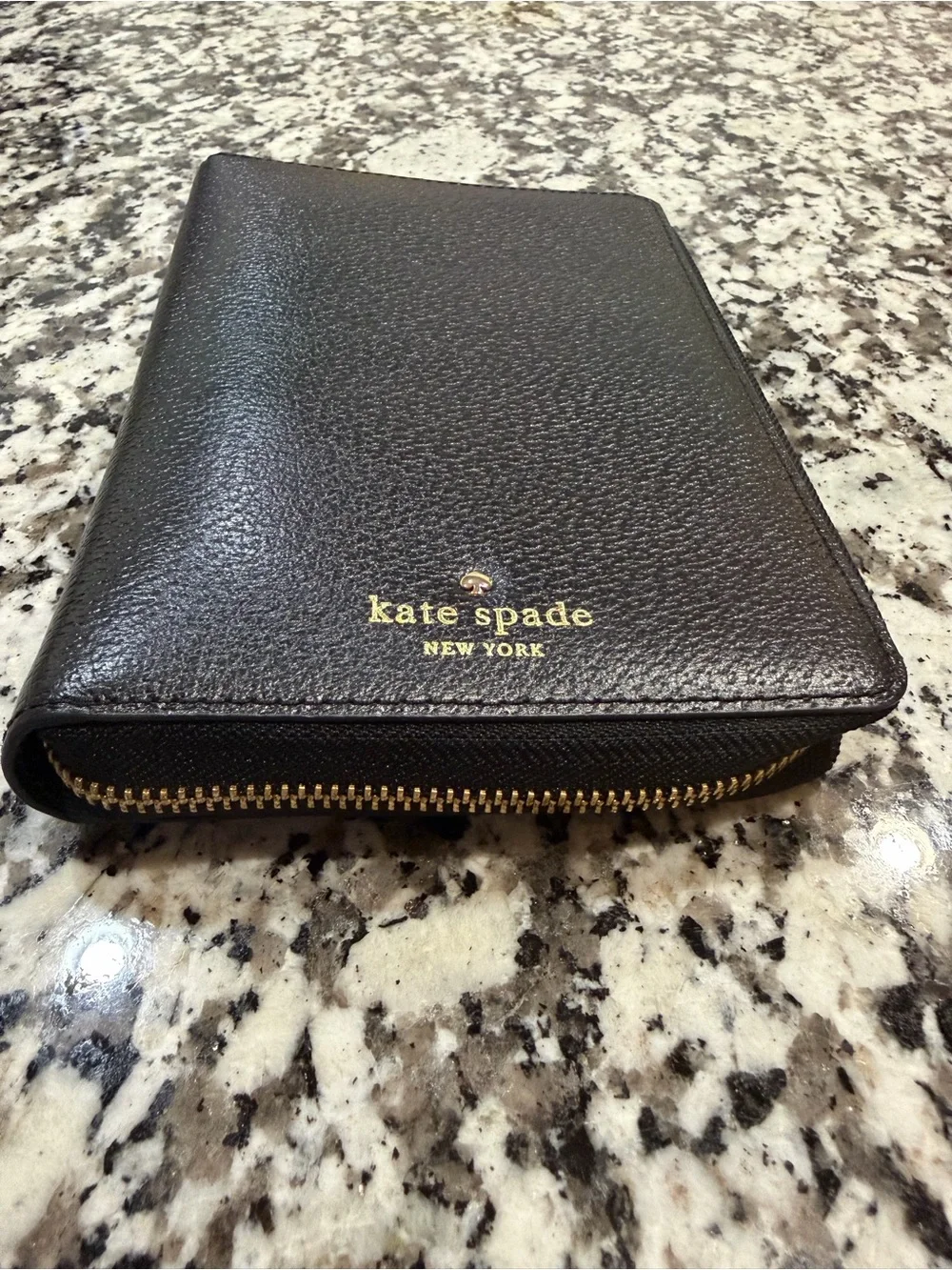 kate spade Black Pebbled Leather Zip Wallet with Gold Logo